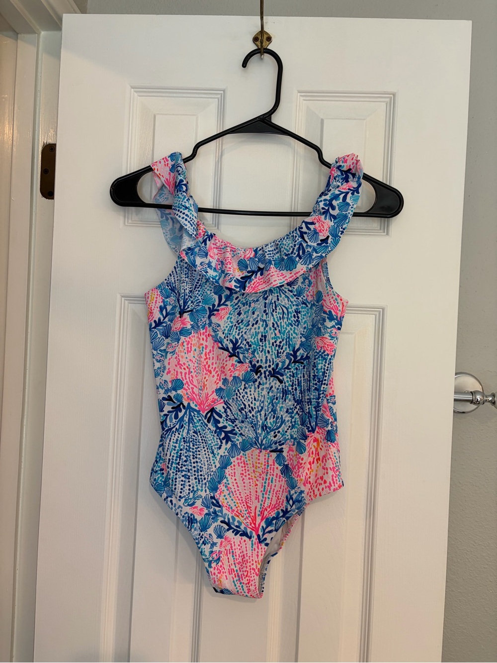 Lilly Pulitzer Girls One Piece Swimsuit XL Blue Pink Ruffle